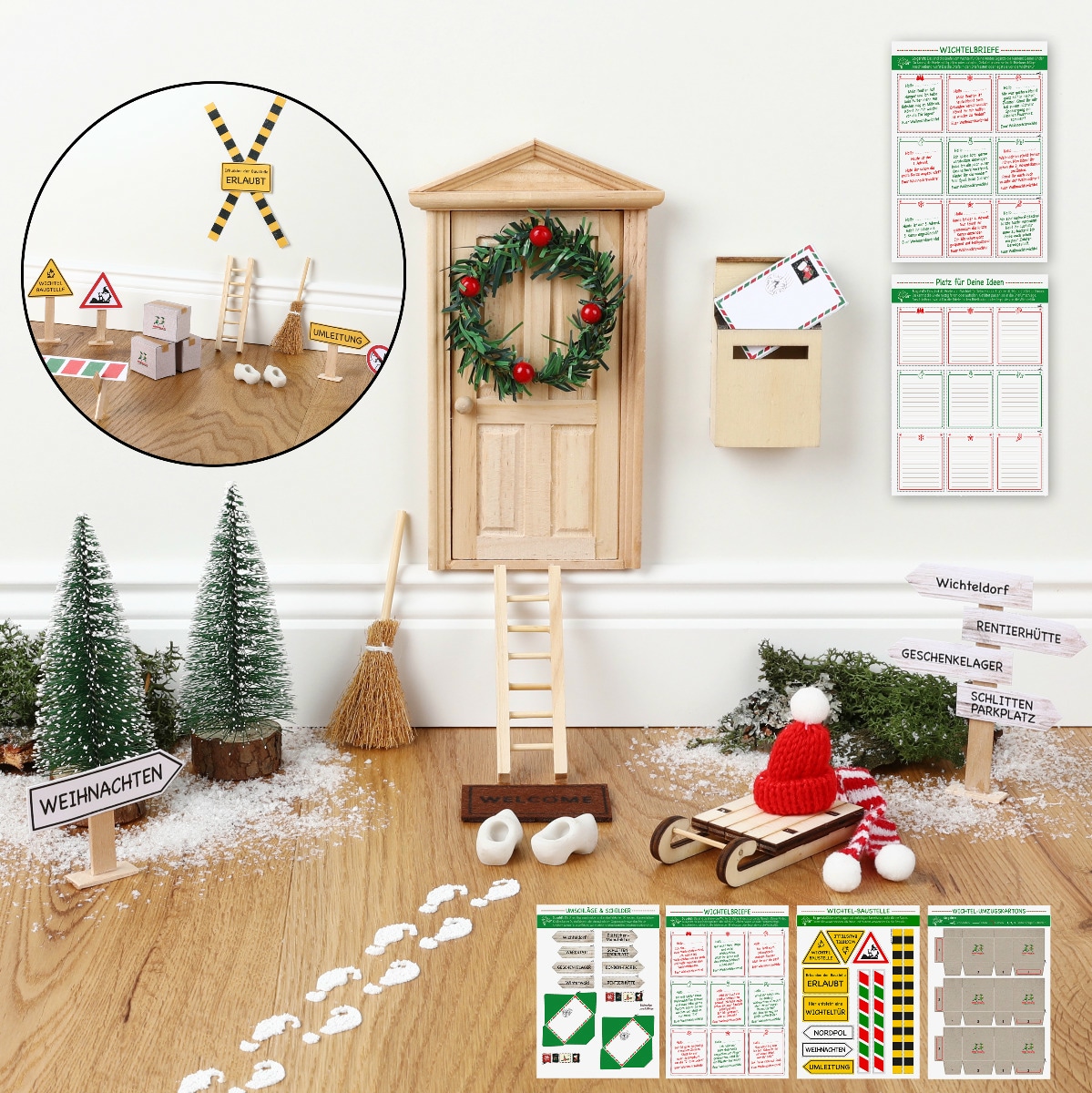 YUNSTK Weihnachten Zubehör Miniatur Elfentür Holz Wichteltür Zubehör Set 50-teilig - Weihnachtsdekoration Mit Holzleiter & Zubehör Weihnachtsdekoration Set