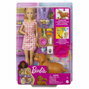 Barbie Puppe (blonde Haare) mit Hund und Welpen