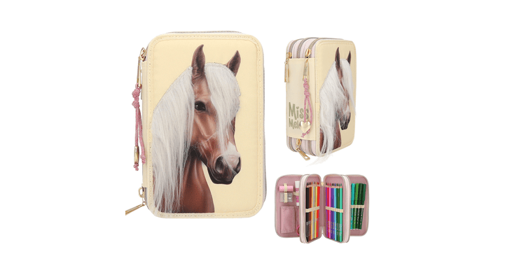 Miss Melody 3 Fach Federtasche mit Pferdekopf Applikation