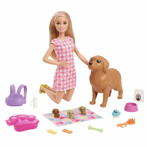 Barbie Puppe (blonde Haare) mit Hund und Welpen