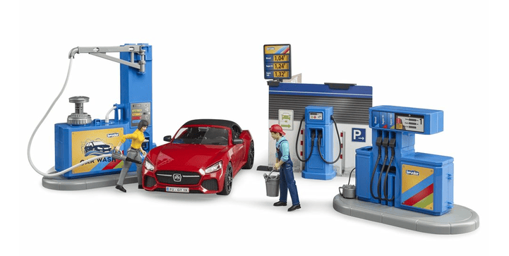 Bruder Bworld PKW-Werkstatt (62110) – 1:16 Maßstab, Höhenverstellbare Hebebühne, Bremsentest, Werkzeug, Mechaniker-Figur – Realistisches Rollenspiel