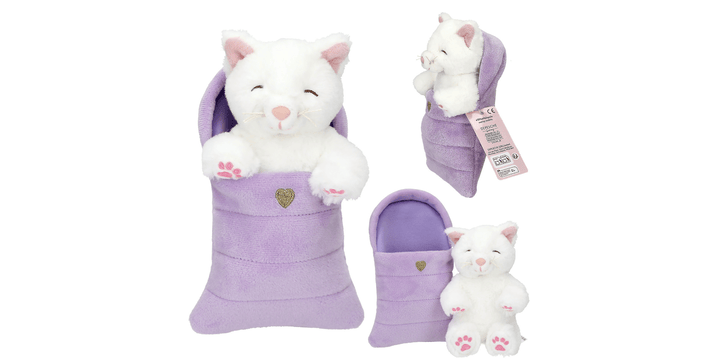 TOPModel Plüsch Katze im lila Schlafsack ( Kätzchen weiß )
