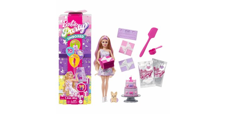 Barbie Party Unboxed Haustier Geburtstag Serie - lila Kleid 