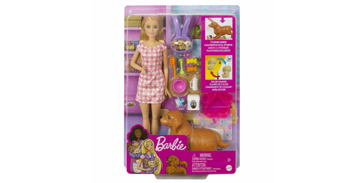 Barbie Puppe (blonde Haare) mit Hund und Welpen