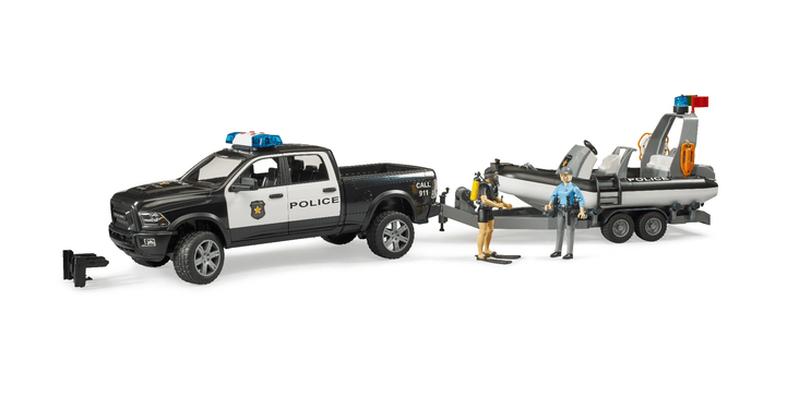 bruder® 02507 - RAM 2500 Polizei Pickup mit L + S Modul, Anhänger, Boot und 2 Figuren