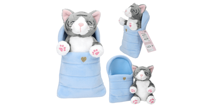 TOPModel Plüsch Katze im blauen Schlafsack ( Kätzchen grau )