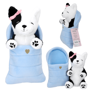 TOPModel Plüsch Hund im blauen Schlafsack (Hündchen rosa Schleife Ohr)