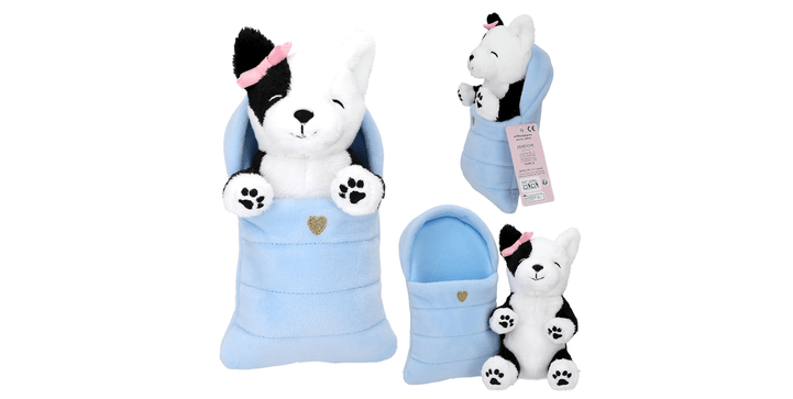 TOPModel Plüsch Hund im blauen Schlafsack (Hündchen rosa Schleife Ohr)
