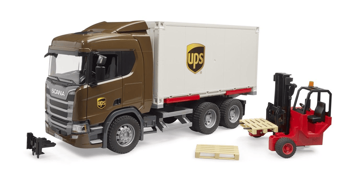 bruder® Scania Super 560R UPS Logistik-LKW mit Mitnahmestapler