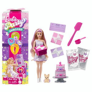 Barbie Party Unboxed Haustier Geburtstag Serie - lila Kleid